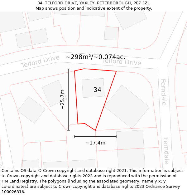 34, TELFORD DRIVE, YAXLEY, PETERBOROUGH, PE7 3ZL: Plot and title map