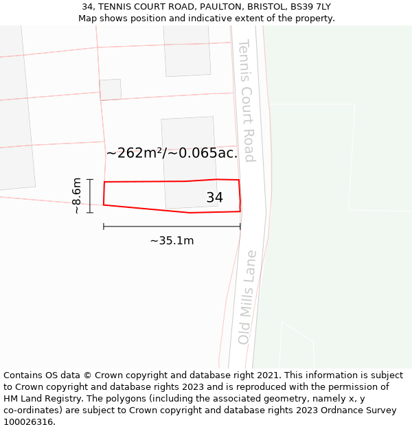 34, TENNIS COURT ROAD, PAULTON, BRISTOL, BS39 7LY: Plot and title map