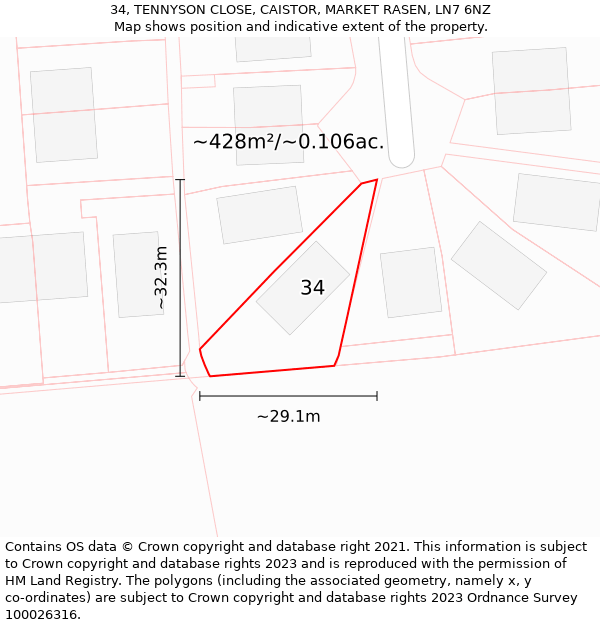 34, TENNYSON CLOSE, CAISTOR, MARKET RASEN, LN7 6NZ: Plot and title map