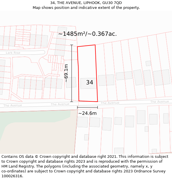 34, THE AVENUE, LIPHOOK, GU30 7QD: Plot and title map