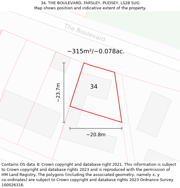 34, THE BOULEVARD, FARSLEY, PUDSEY, LS28 5UG: Plot and title map