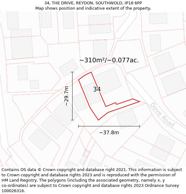 34, THE DRIVE, REYDON, SOUTHWOLD, IP18 6PP: Plot and title map