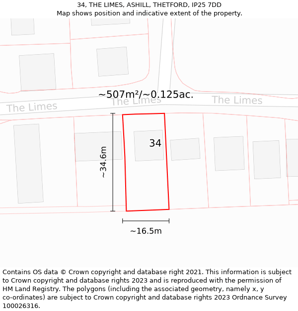 34, THE LIMES, ASHILL, THETFORD, IP25 7DD: Plot and title map