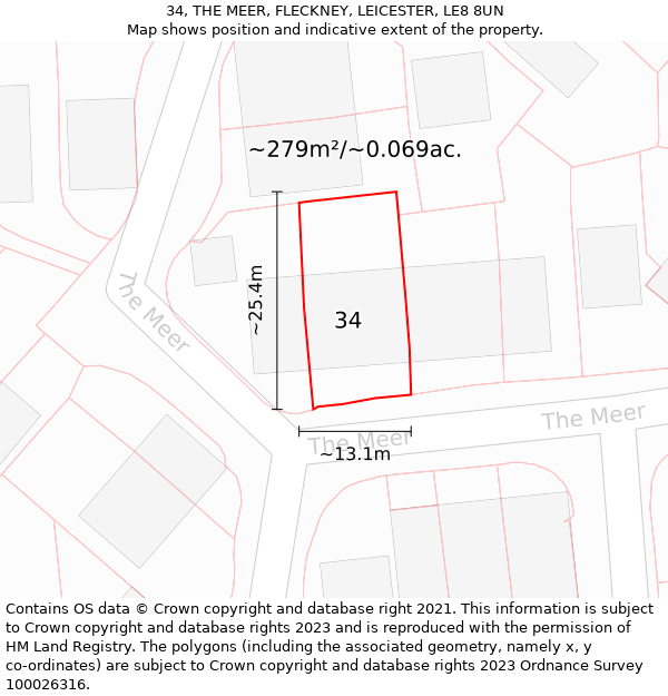 34, THE MEER, FLECKNEY, LEICESTER, LE8 8UN: Plot and title map