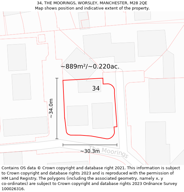 34, THE MOORINGS, WORSLEY, MANCHESTER, M28 2QE: Plot and title map