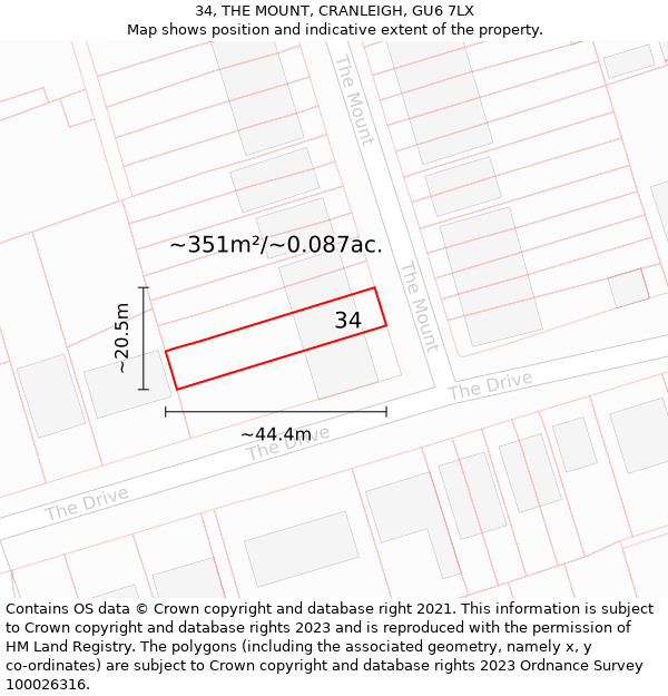 34, THE MOUNT, CRANLEIGH, GU6 7LX: Plot and title map