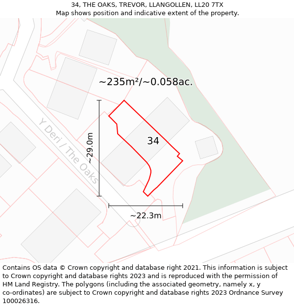 34, THE OAKS, TREVOR, LLANGOLLEN, LL20 7TX: Plot and title map