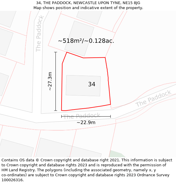 34, THE PADDOCK, NEWCASTLE UPON TYNE, NE15 8JG: Plot and title map