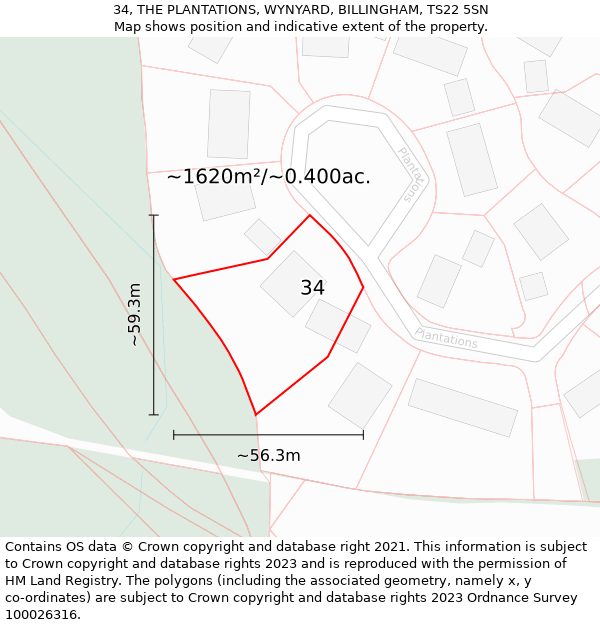 34, THE PLANTATIONS, WYNYARD, BILLINGHAM, TS22 5SN: Plot and title map