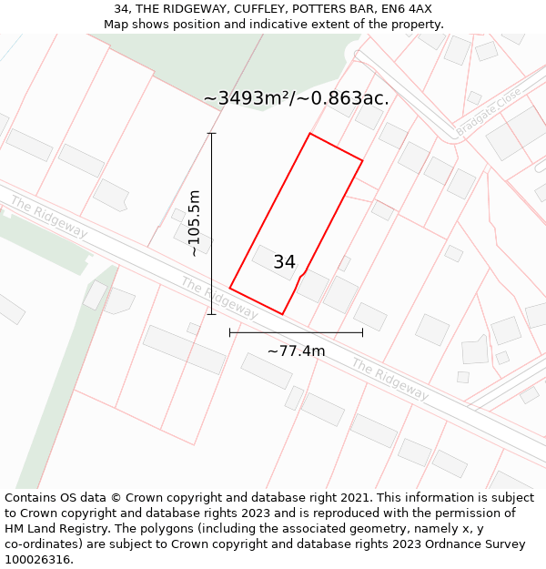 34, THE RIDGEWAY, CUFFLEY, POTTERS BAR, EN6 4AX: Plot and title map