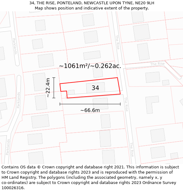 34, THE RISE, PONTELAND, NEWCASTLE UPON TYNE, NE20 9LH: Plot and title map