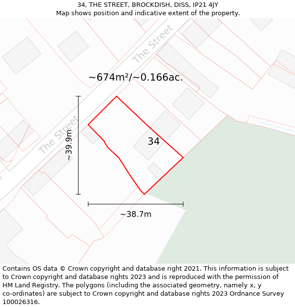 34, THE STREET, BROCKDISH, DISS, IP21 4JY: Plot and title map