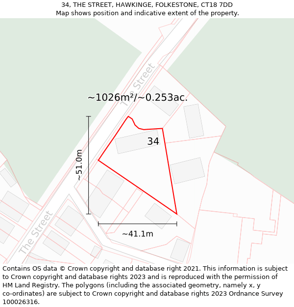 34, THE STREET, HAWKINGE, FOLKESTONE, CT18 7DD: Plot and title map