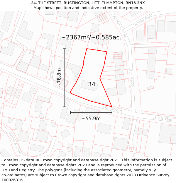 34, THE STREET, RUSTINGTON, LITTLEHAMPTON, BN16 3NX: Plot and title map