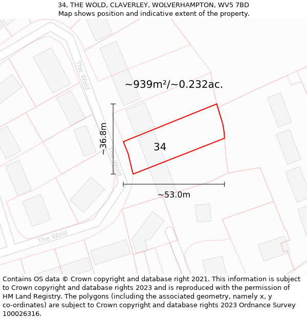 34, THE WOLD, CLAVERLEY, WOLVERHAMPTON, WV5 7BD: Plot and title map