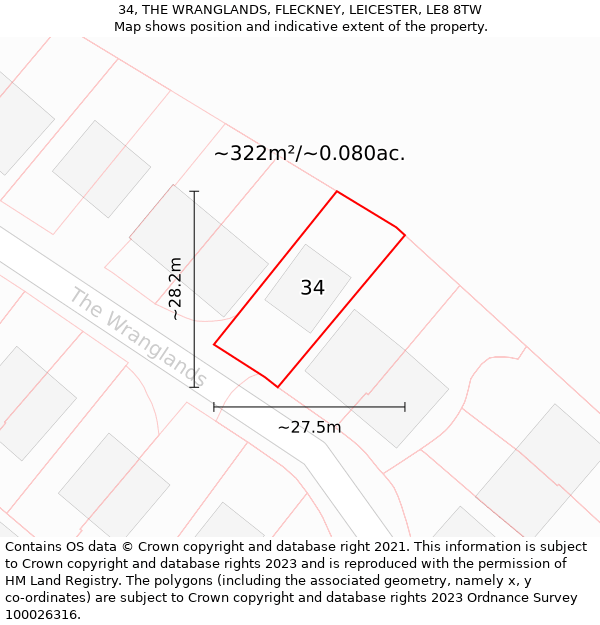 34, THE WRANGLANDS, FLECKNEY, LEICESTER, LE8 8TW: Plot and title map