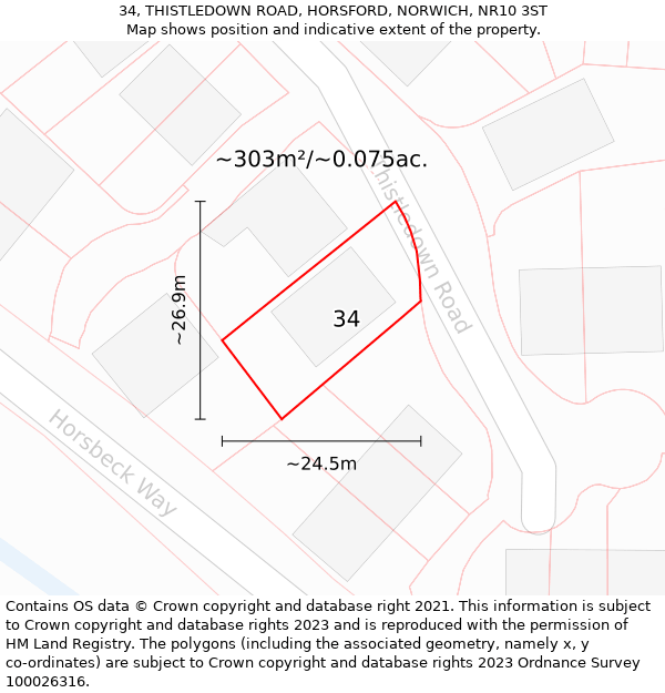 34, THISTLEDOWN ROAD, HORSFORD, NORWICH, NR10 3ST: Plot and title map