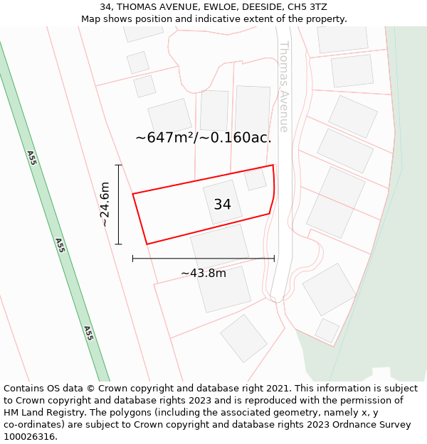 34, THOMAS AVENUE, EWLOE, DEESIDE, CH5 3TZ: Plot and title map