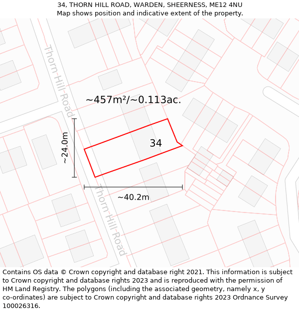 34, THORN HILL ROAD, WARDEN, SHEERNESS, ME12 4NU: Plot and title map