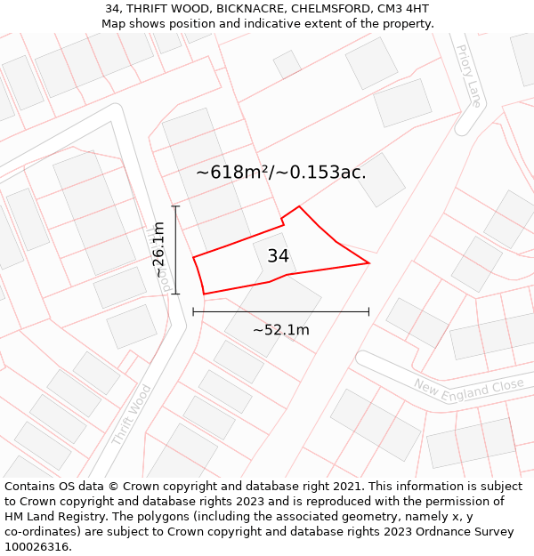 34, THRIFT WOOD, BICKNACRE, CHELMSFORD, CM3 4HT: Plot and title map
