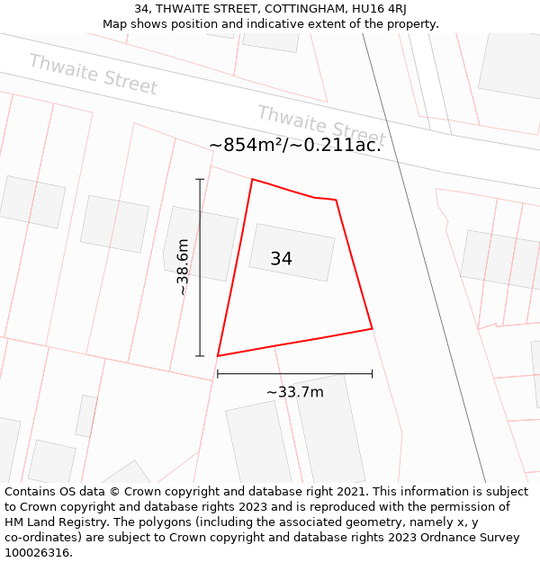 34, THWAITE STREET, COTTINGHAM, HU16 4RJ: Plot and title map