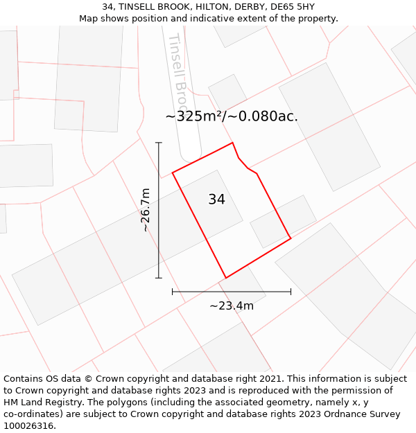 34, TINSELL BROOK, HILTON, DERBY, DE65 5HY: Plot and title map