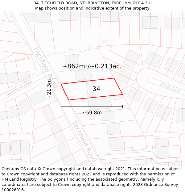 34, TITCHFIELD ROAD, STUBBINGTON, FAREHAM, PO14 2JH: Plot and title map