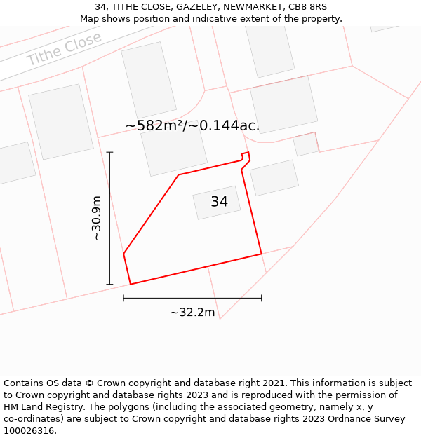 34, TITHE CLOSE, GAZELEY, NEWMARKET, CB8 8RS: Plot and title map