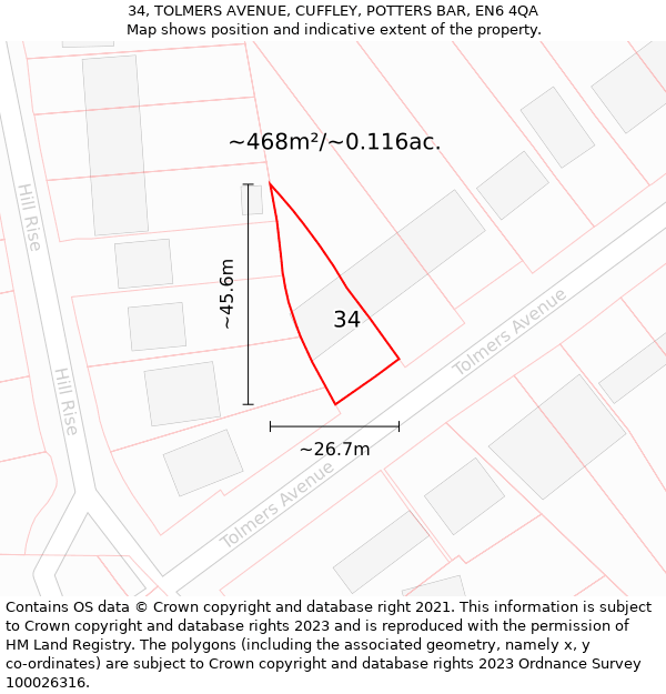 34, TOLMERS AVENUE, CUFFLEY, POTTERS BAR, EN6 4QA: Plot and title map