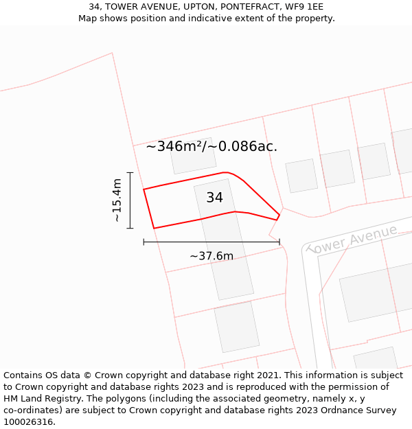 34, TOWER AVENUE, UPTON, PONTEFRACT, WF9 1EE: Plot and title map