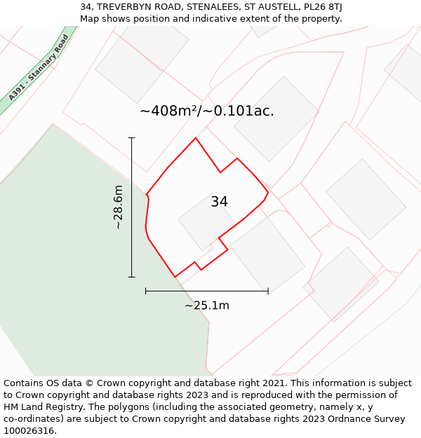 34, TREVERBYN ROAD, STENALEES, ST AUSTELL, PL26 8TJ: Plot and title map