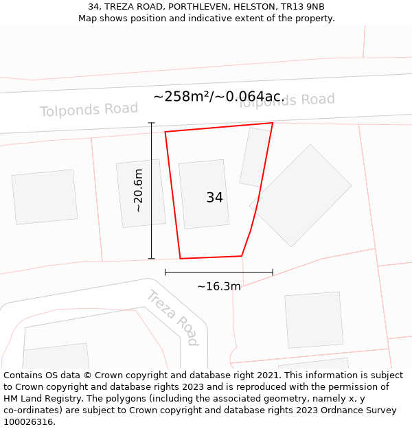 34, TREZA ROAD, PORTHLEVEN, HELSTON, TR13 9NB: Plot and title map