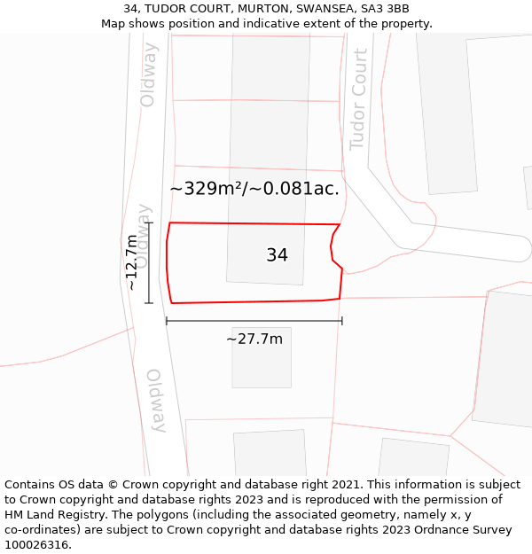 34, TUDOR COURT, MURTON, SWANSEA, SA3 3BB: Plot and title map