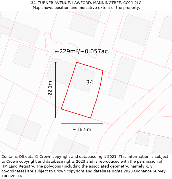 34, TURNER AVENUE, LAWFORD, MANNINGTREE, CO11 2LG: Plot and title map