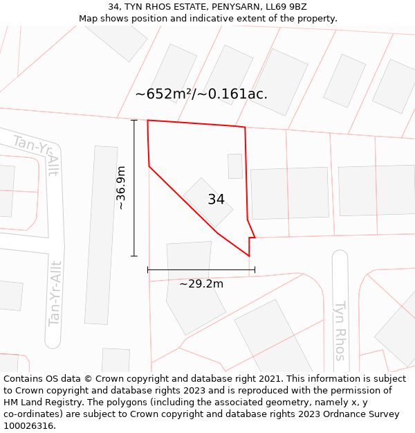 34, TYN RHOS ESTATE, PENYSARN, LL69 9BZ: Plot and title map