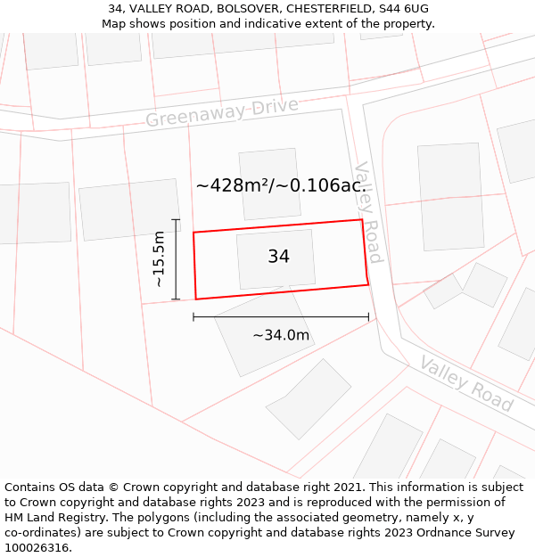 34, VALLEY ROAD, BOLSOVER, CHESTERFIELD, S44 6UG: Plot and title map