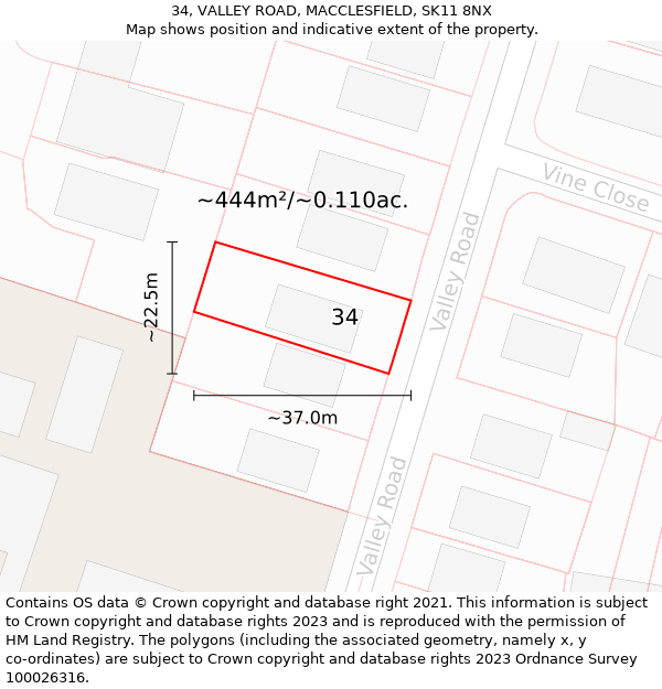 34, VALLEY ROAD, MACCLESFIELD, SK11 8NX: Plot and title map