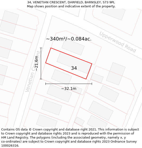 34, VENETIAN CRESCENT, DARFIELD, BARNSLEY, S73 9PL: Plot and title map