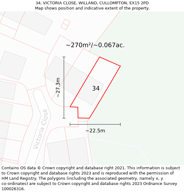 34, VICTORIA CLOSE, WILLAND, CULLOMPTON, EX15 2PD: Plot and title map