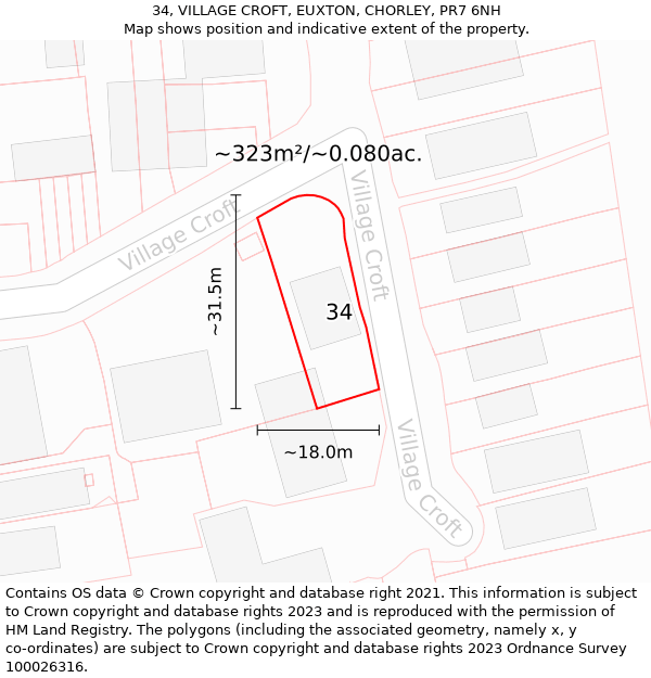 34, VILLAGE CROFT, EUXTON, CHORLEY, PR7 6NH: Plot and title map