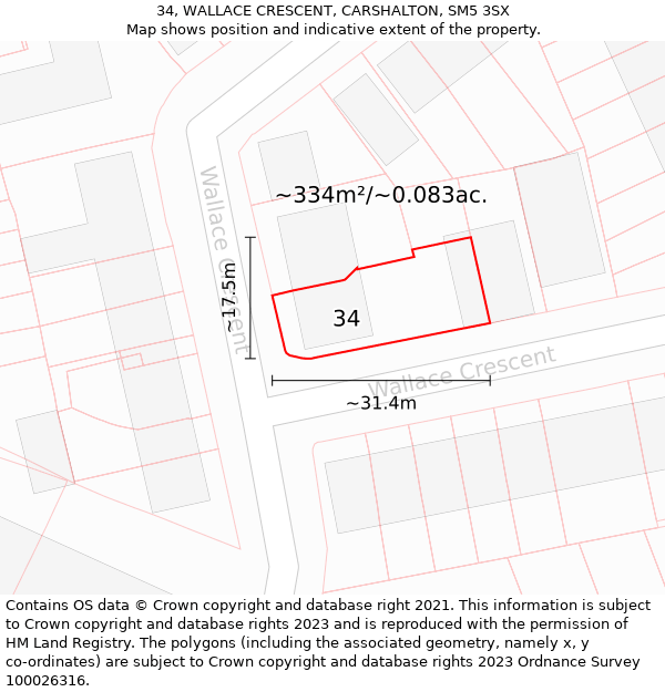 34, WALLACE CRESCENT, CARSHALTON, SM5 3SX: Plot and title map