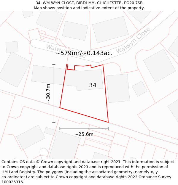 34, WALWYN CLOSE, BIRDHAM, CHICHESTER, PO20 7SR: Plot and title map