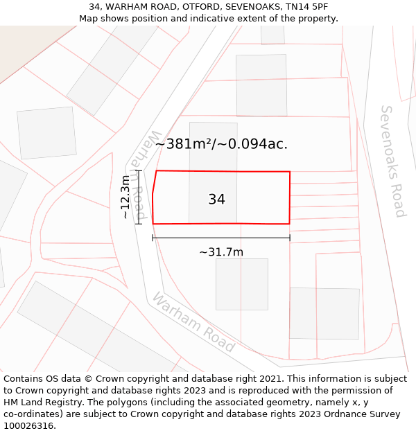 34, WARHAM ROAD, OTFORD, SEVENOAKS, TN14 5PF: Plot and title map