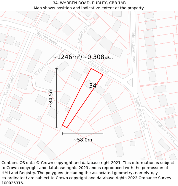 34, WARREN ROAD, PURLEY, CR8 1AB: Plot and title map