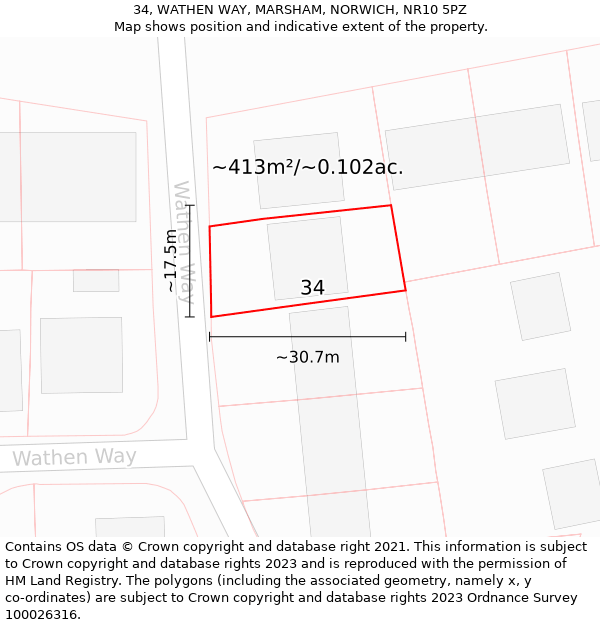 34, WATHEN WAY, MARSHAM, NORWICH, NR10 5PZ: Plot and title map