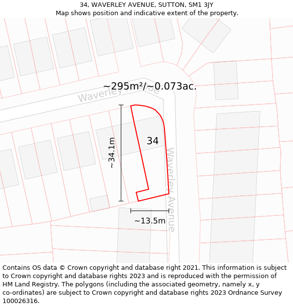 34, WAVERLEY AVENUE, SUTTON, SM1 3JY: Plot and title map