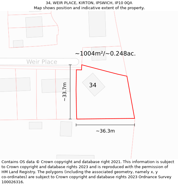 34, WEIR PLACE, KIRTON, IPSWICH, IP10 0QA: Plot and title map