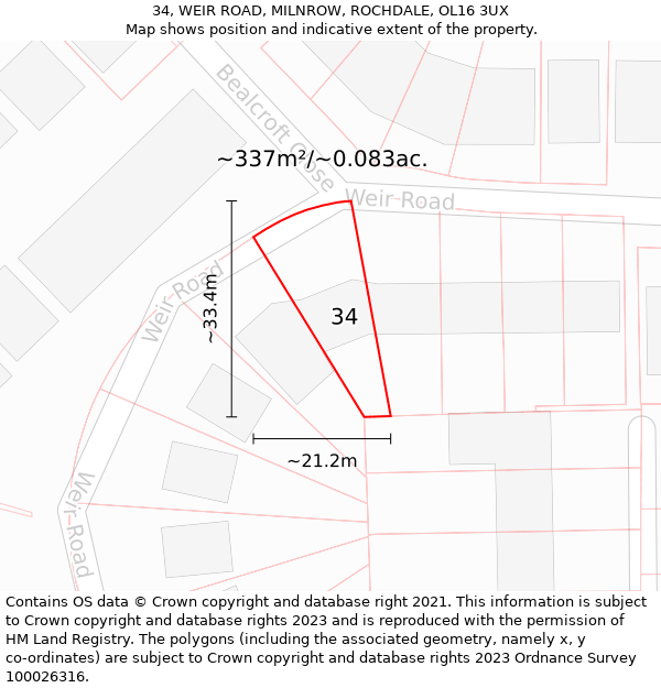 34, WEIR ROAD, MILNROW, ROCHDALE, OL16 3UX: Plot and title map