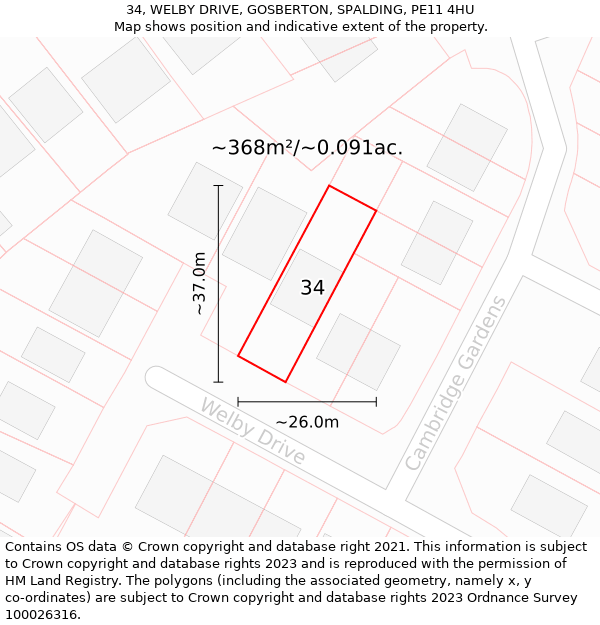 34, WELBY DRIVE, GOSBERTON, SPALDING, PE11 4HU: Plot and title map