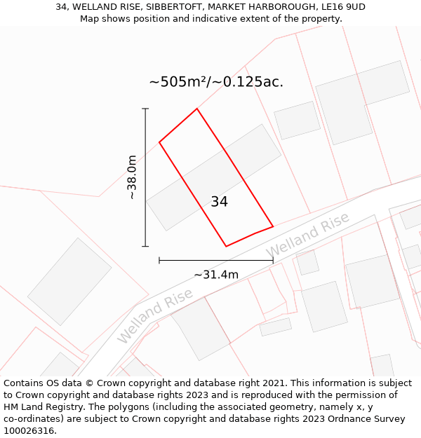 34, WELLAND RISE, SIBBERTOFT, MARKET HARBOROUGH, LE16 9UD: Plot and title map